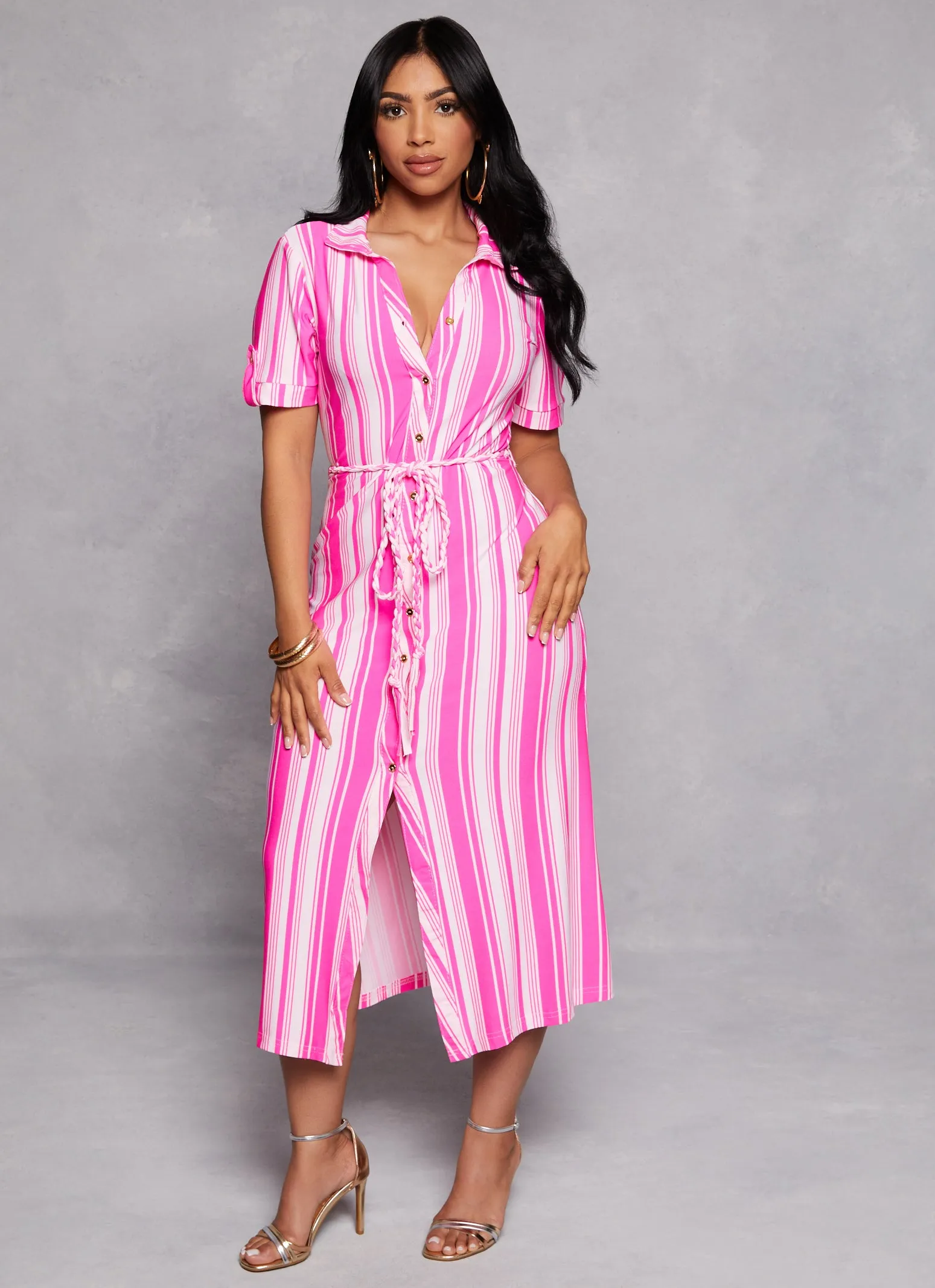 Tie Waist Belted Midi Shirt Dress sold by Rainbow