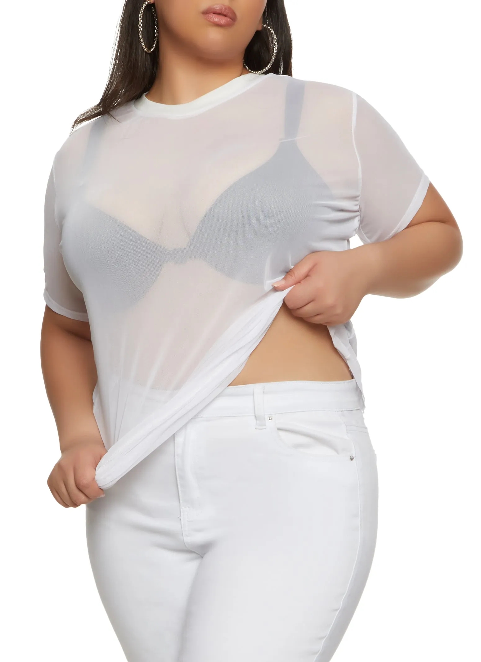 Plus Size Mesh Short Sleeve Crew Neck T Shirt sold by Rainbow