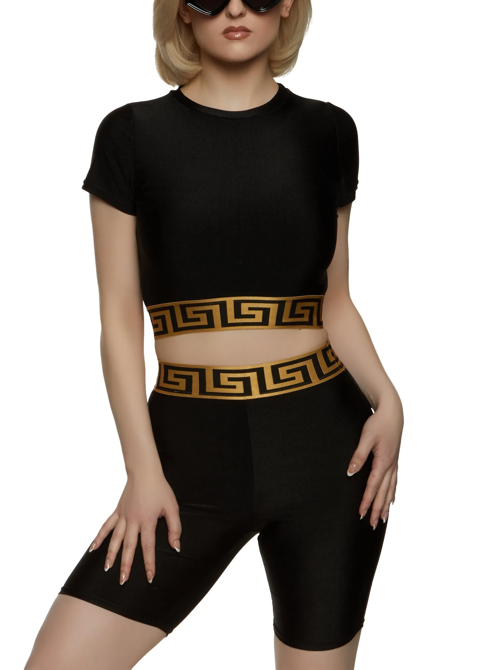 Greek Key Trim Short Sleeve Crop Top and Biker Shorts sold by Rainbow