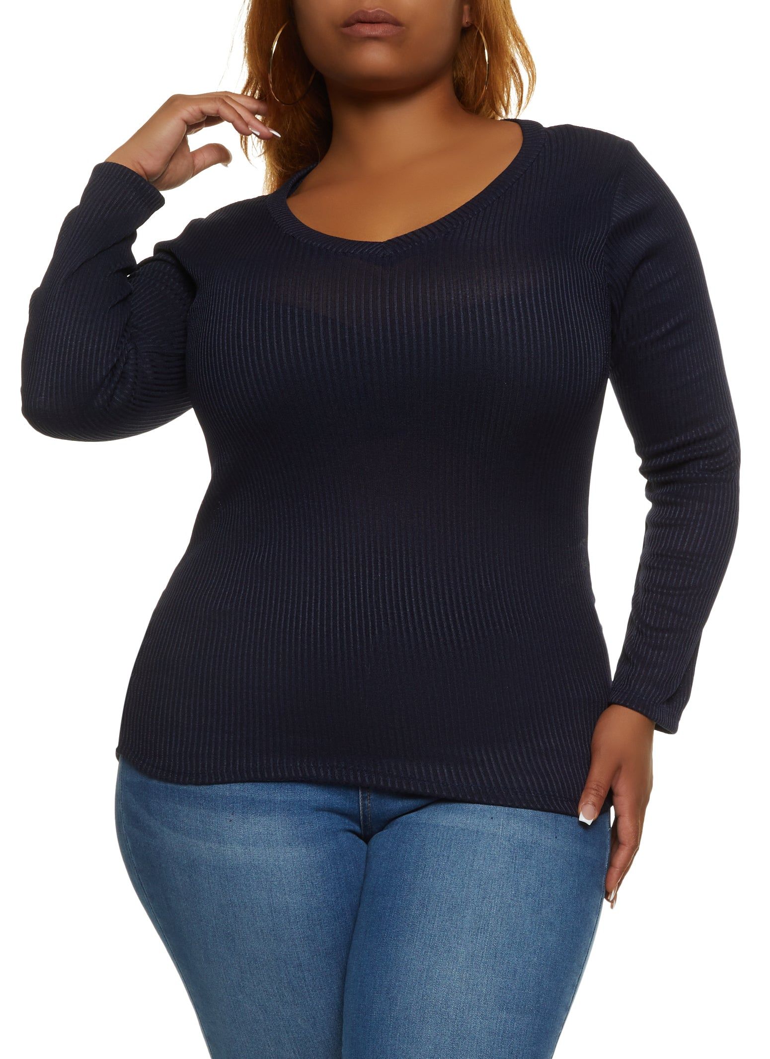 Plus Size Solid Ribbed Knit Long Sleeve Top sold by Rainbow