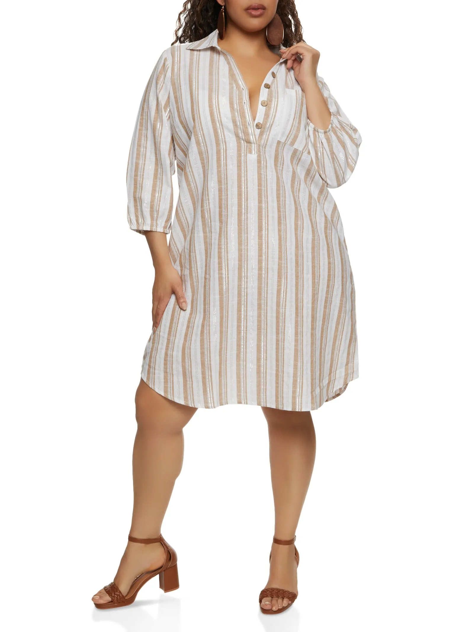 Plus Size Lurex Stripe Linen Shirt Dress sold by Rainbow