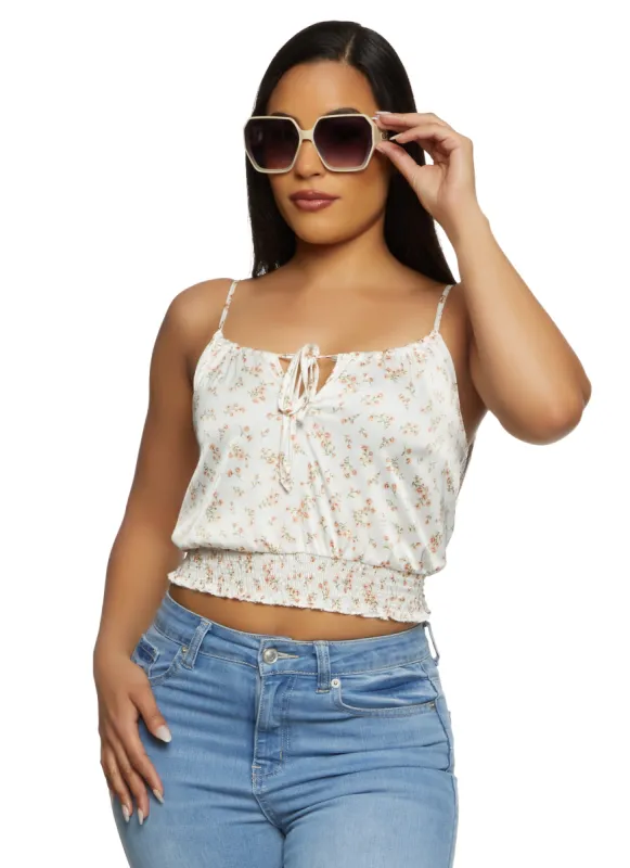 Satin Floral Smocked Tie Front Cami sold by Rainbow