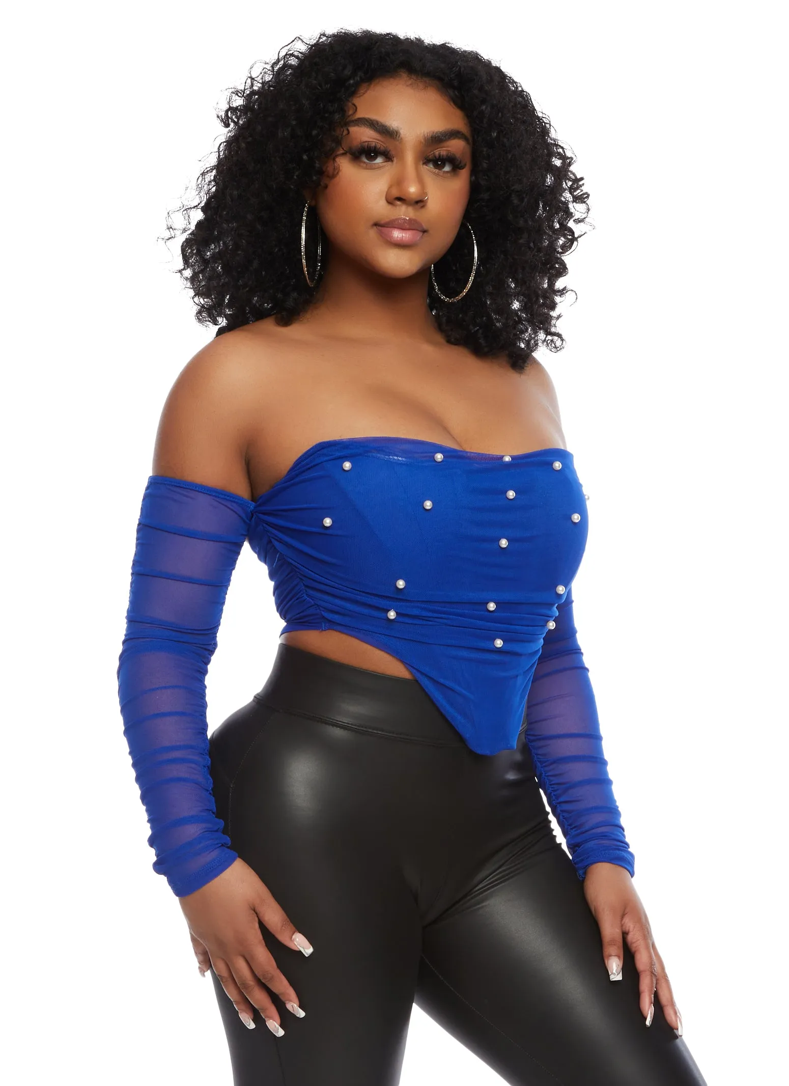 Mesh Faux Pearl Off the Shoulder Crop Top sold by Rainbow product image thumbnail 2