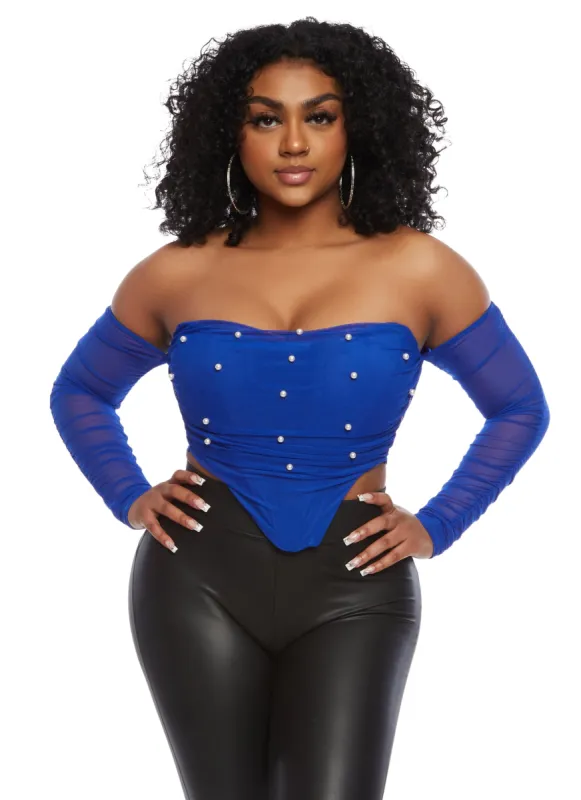 Mesh Faux Pearl Off the Shoulder Crop Top sold by Rainbow