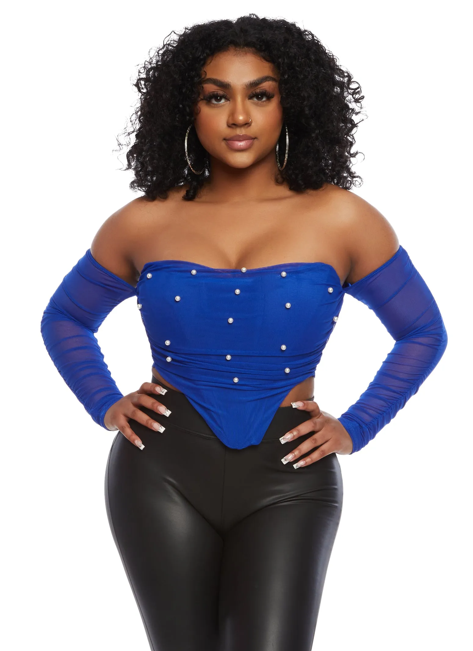 Mesh Faux Pearl Off the Shoulder Crop Top sold by Rainbow