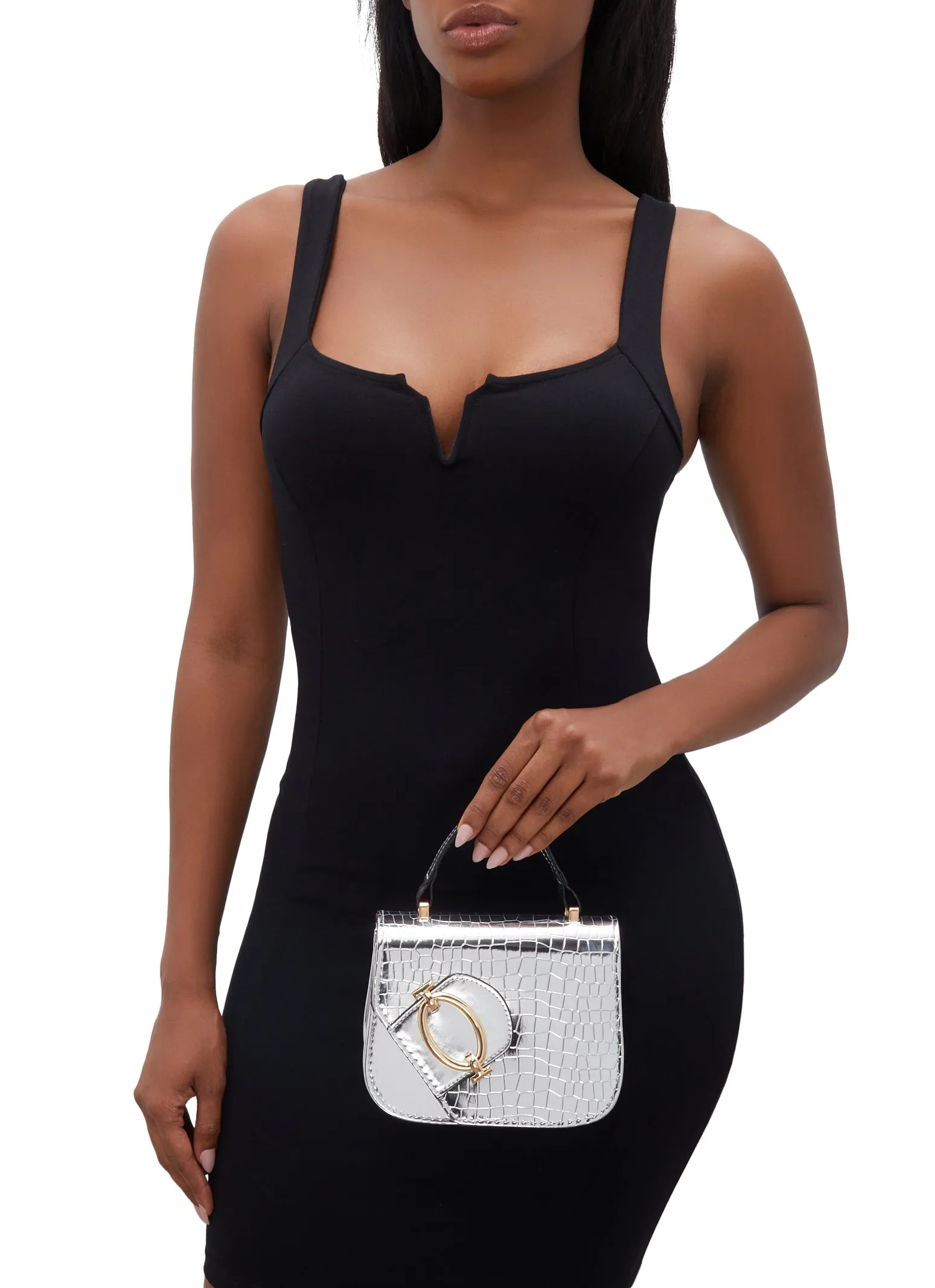 Metallic Detail Flap Faux Croc Crossbody Bag sold by Rainbow