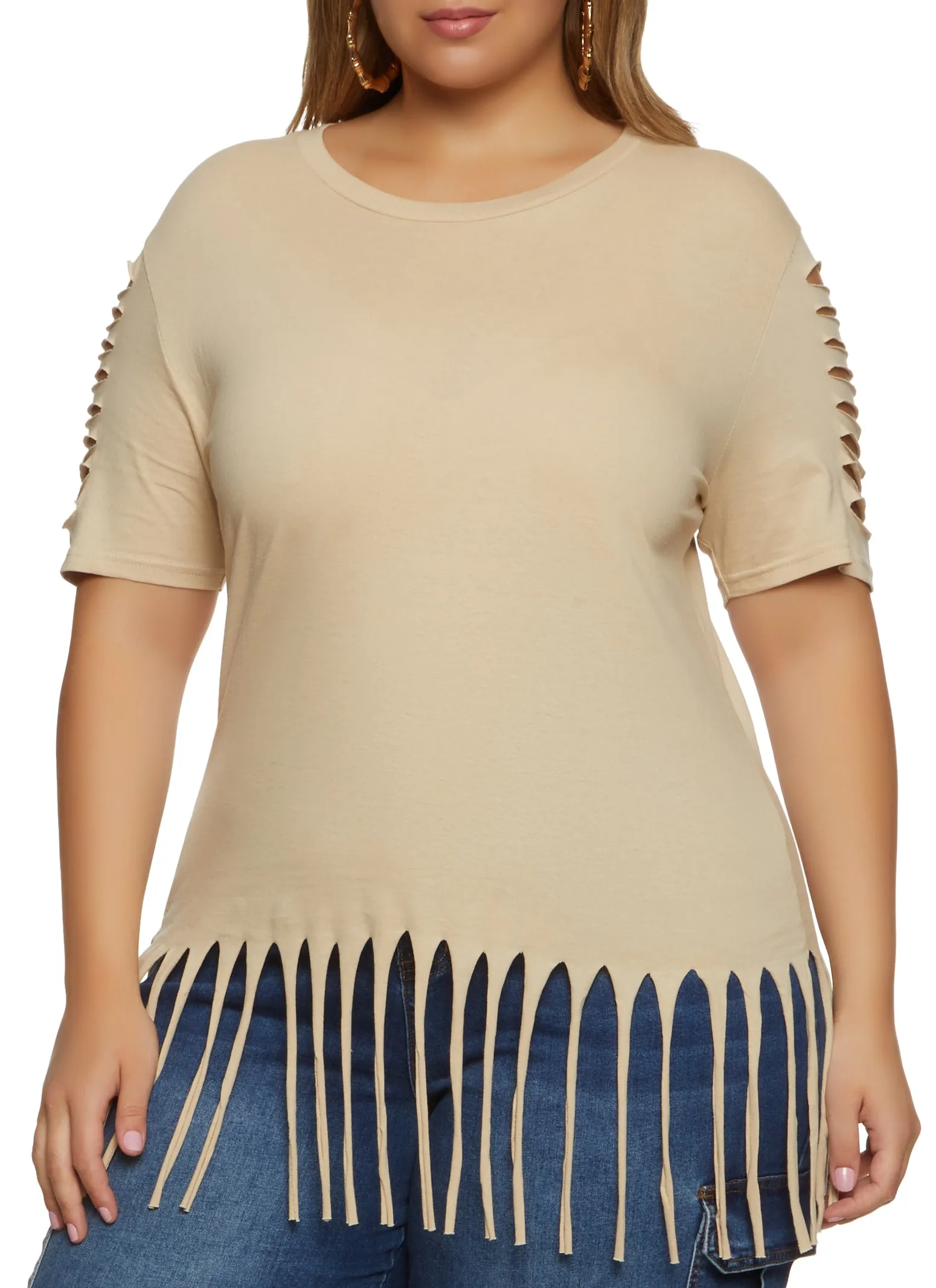 Plus Size Laser Cut Fringe Hem Tee sold by Rainbow