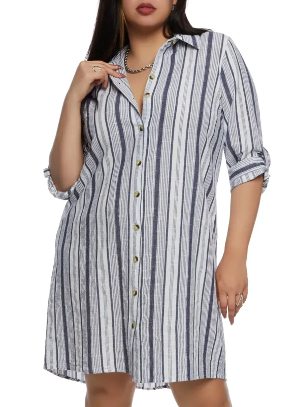 Plus Size Striped Button Down Shirt Dress sold by Rainbow
