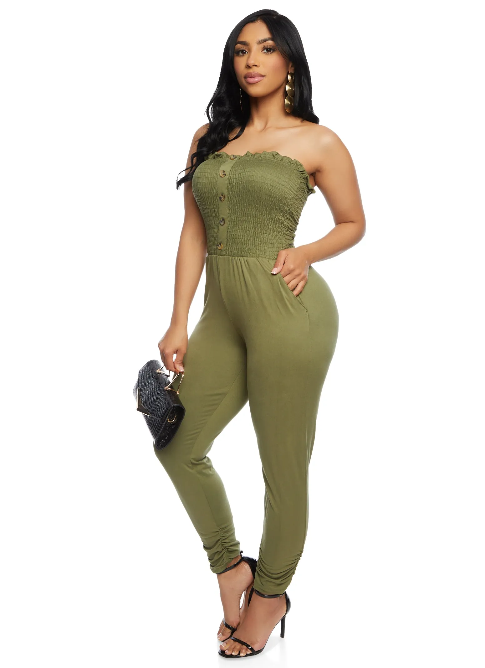 Smocked Faux Button Strapless Tube Jumpsuit sold by Rainbow product image thumbnail 2