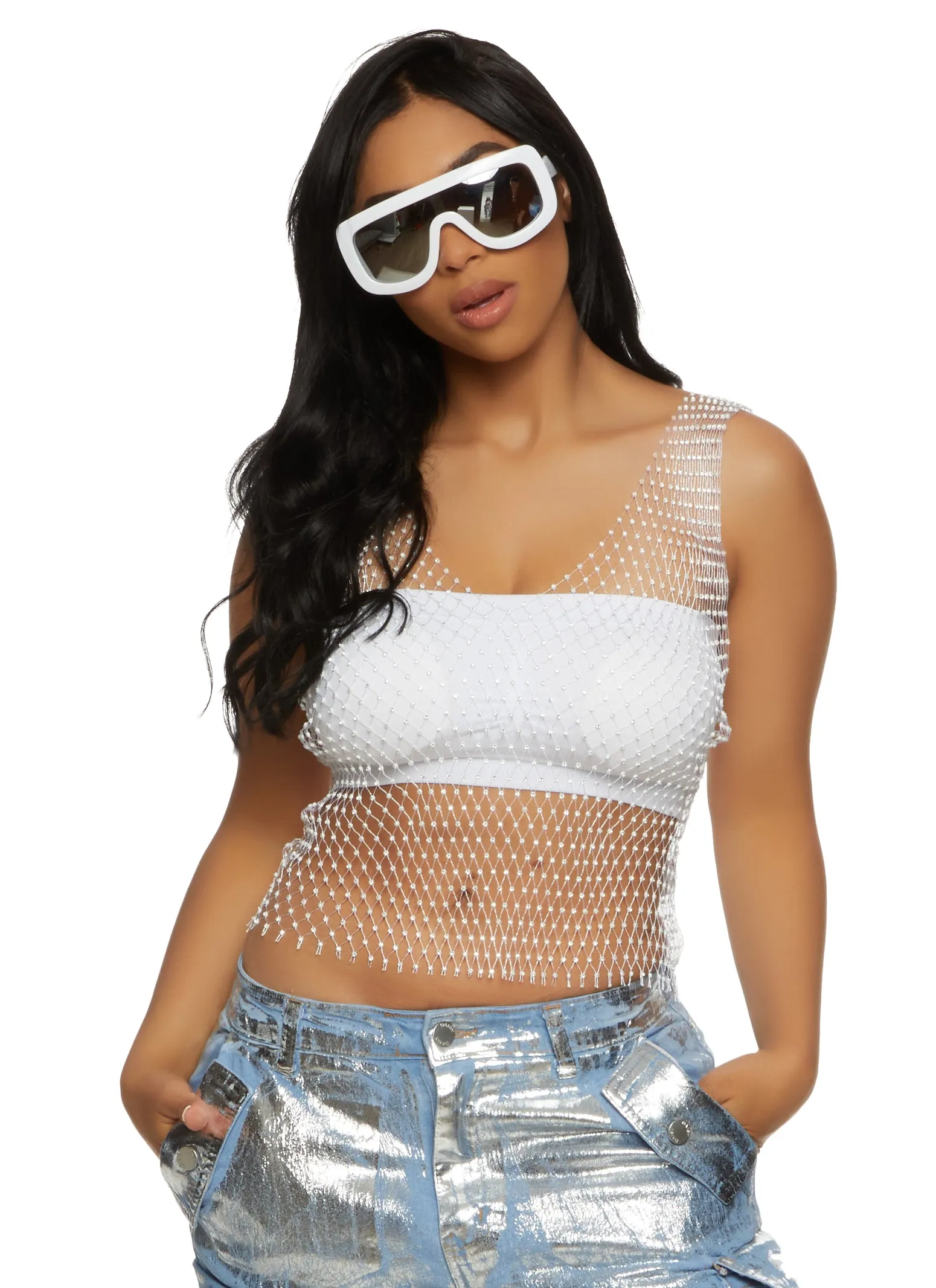 Rhinestone Fishnet Cropped Tank Top sold by Rainbow