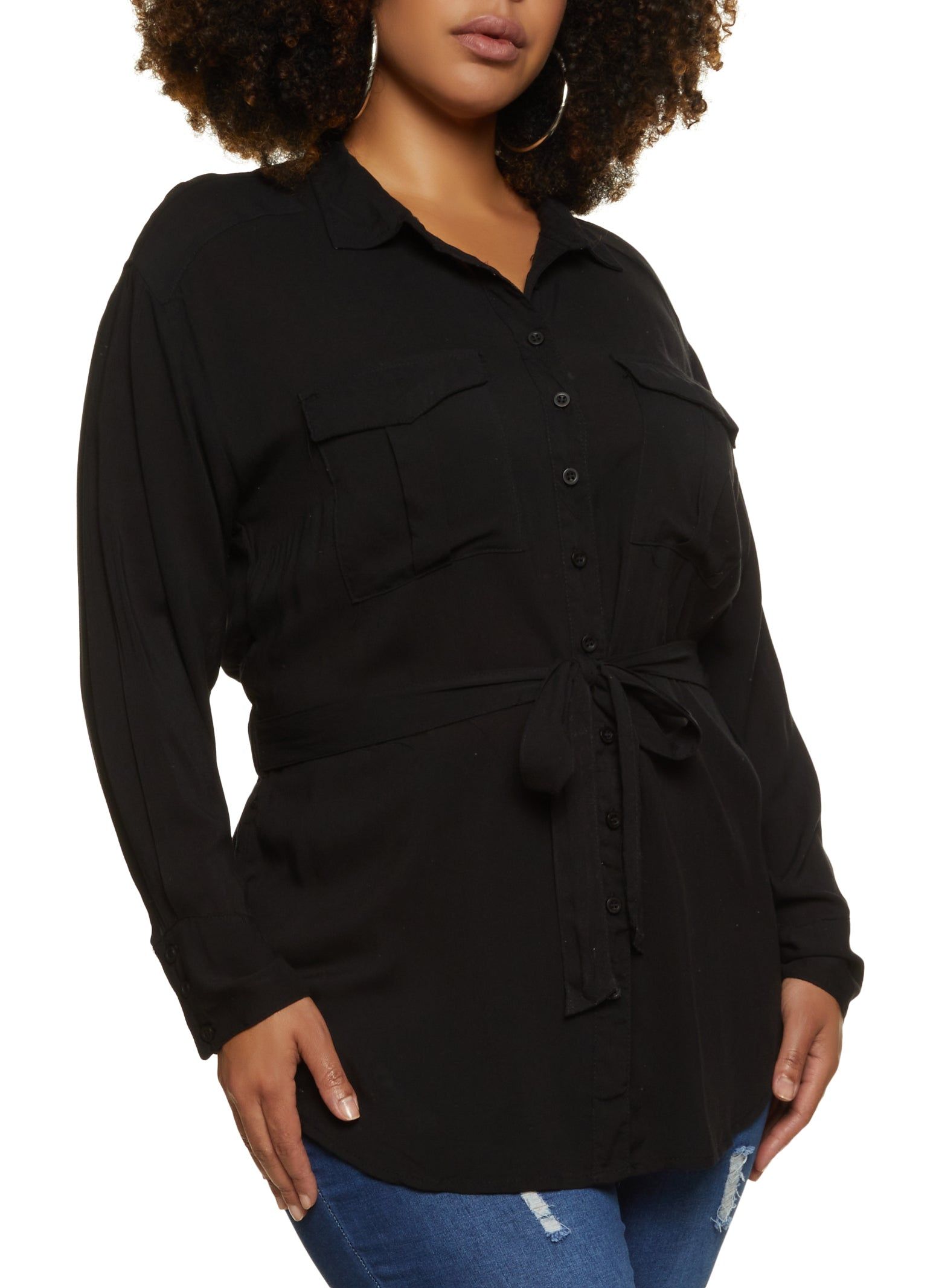 Plus Size Button Front Tie Waist Shirt sold by Rainbow