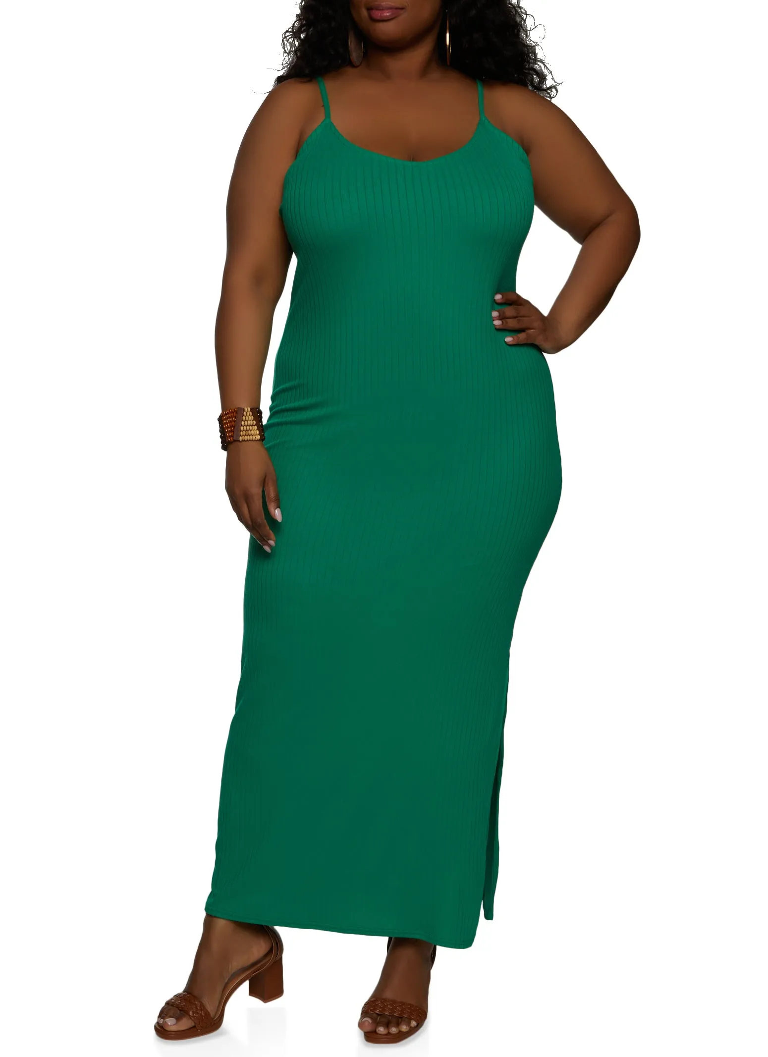 Plus Size Ribbed Knit Side Slit Cami Maxi Dress sold by Rainbow product image thumbnail 2