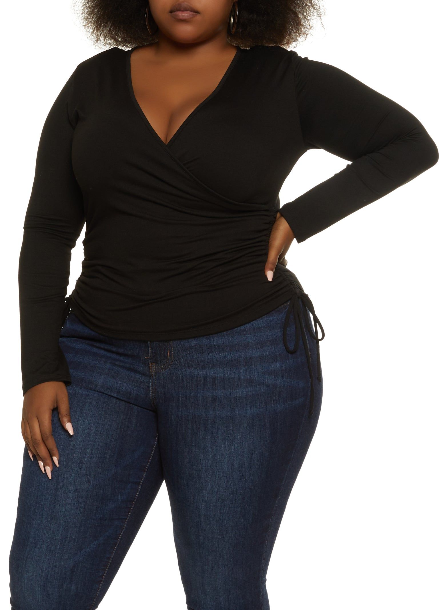 Plus Size Faux Wrap Ruched Side Top sold by Rainbow