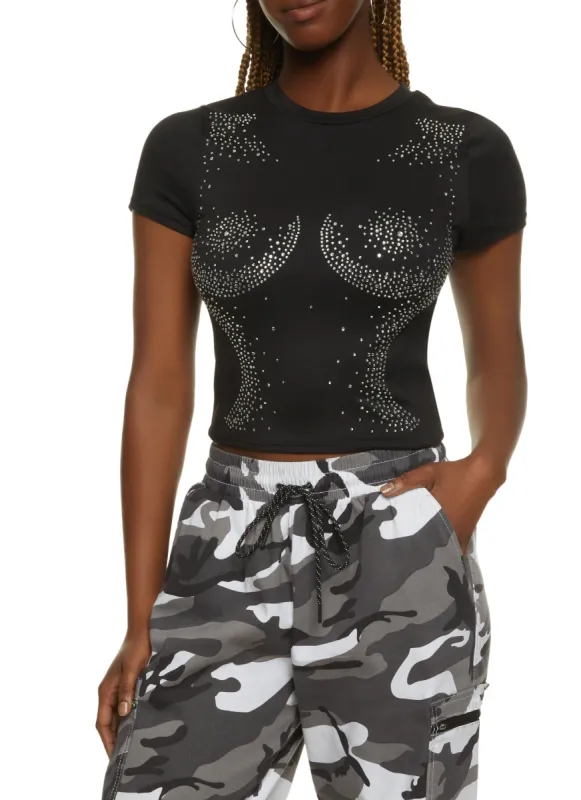 Rhinestone Body Print Crop Top sold by Rainbow