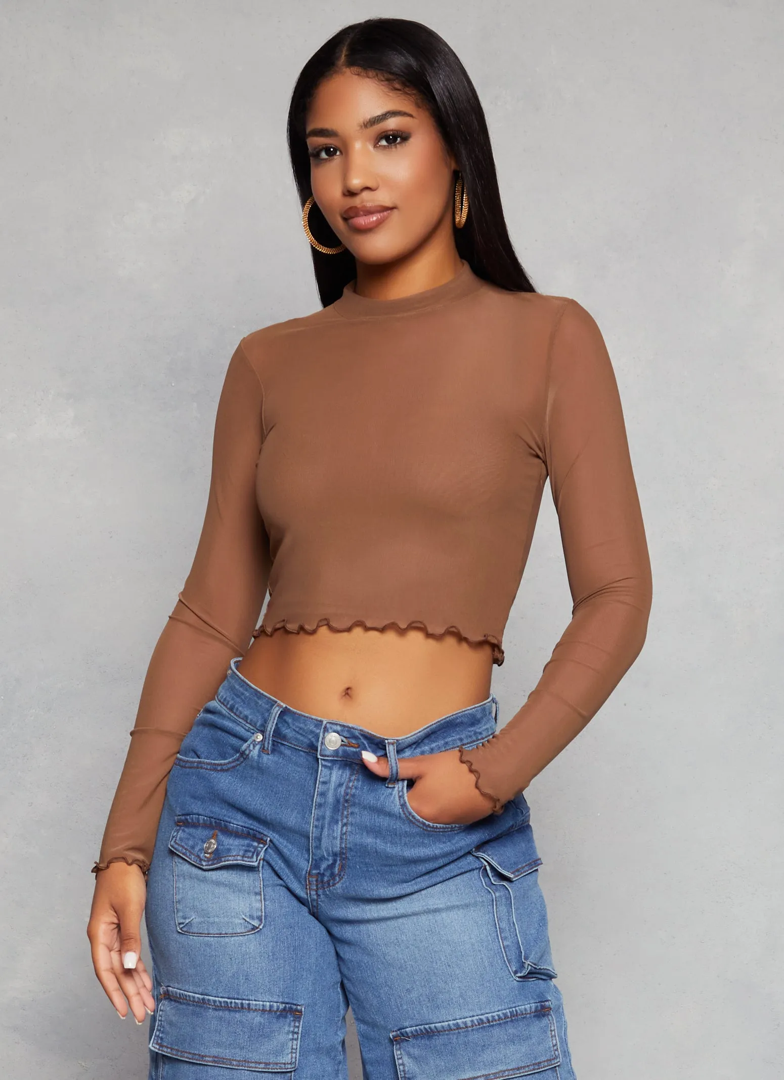 Mesh Mock Neck Lettuce Edge Crop Top sold by Rainbow