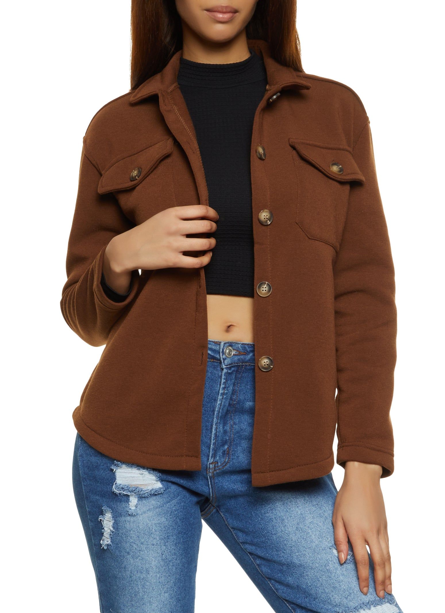 Button Front Fleece Shacket sold by Rainbow