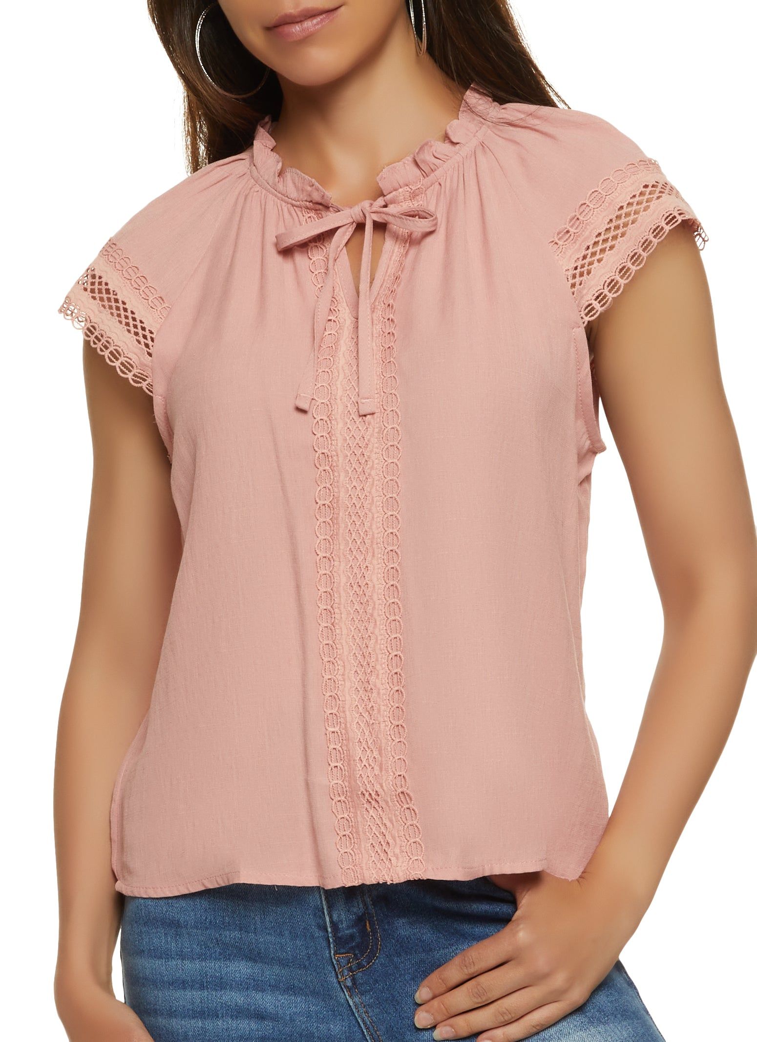 Linen Crochet Trim Tie Neck Blouse sold by Rainbow