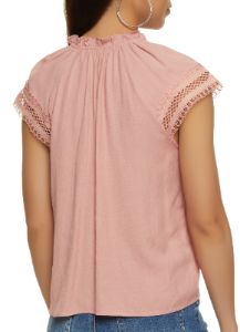 Linen Crochet Trim Tie Neck Blouse sold by Rainbow