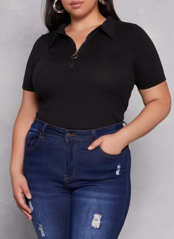 Plus Size Ruched Half Zip Polo Shirt sold by Rainbow