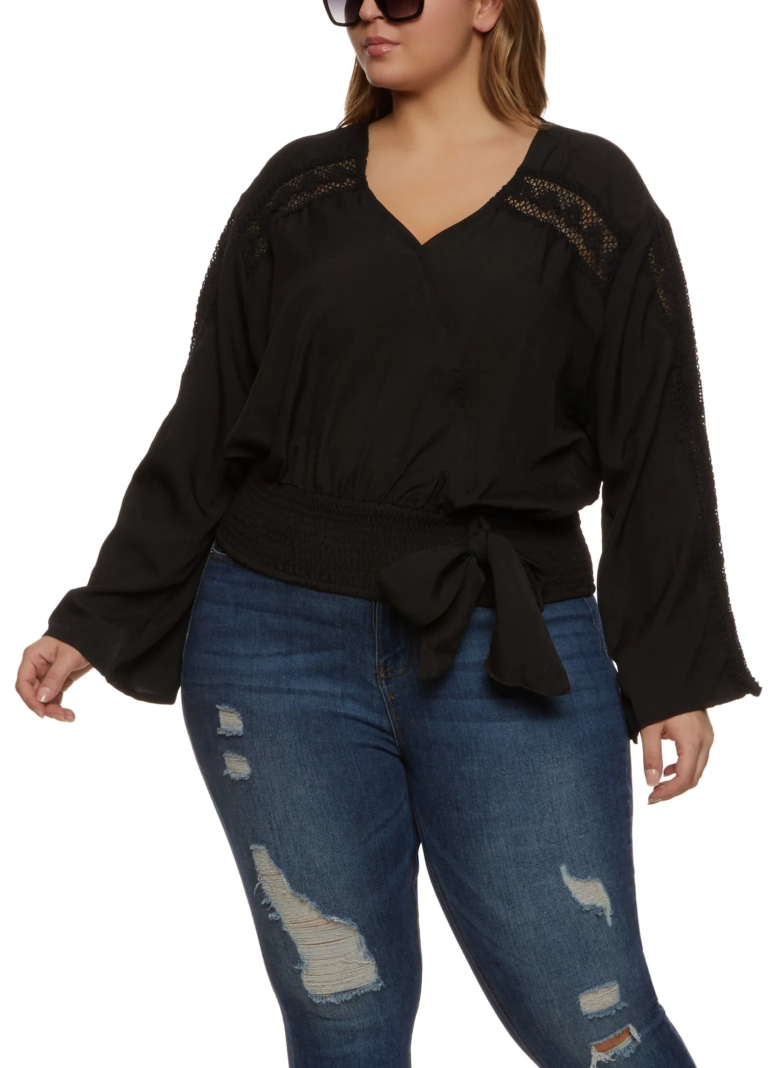 Plus Size Bell Sleeve V Neck Crochet Top sold by Rainbow