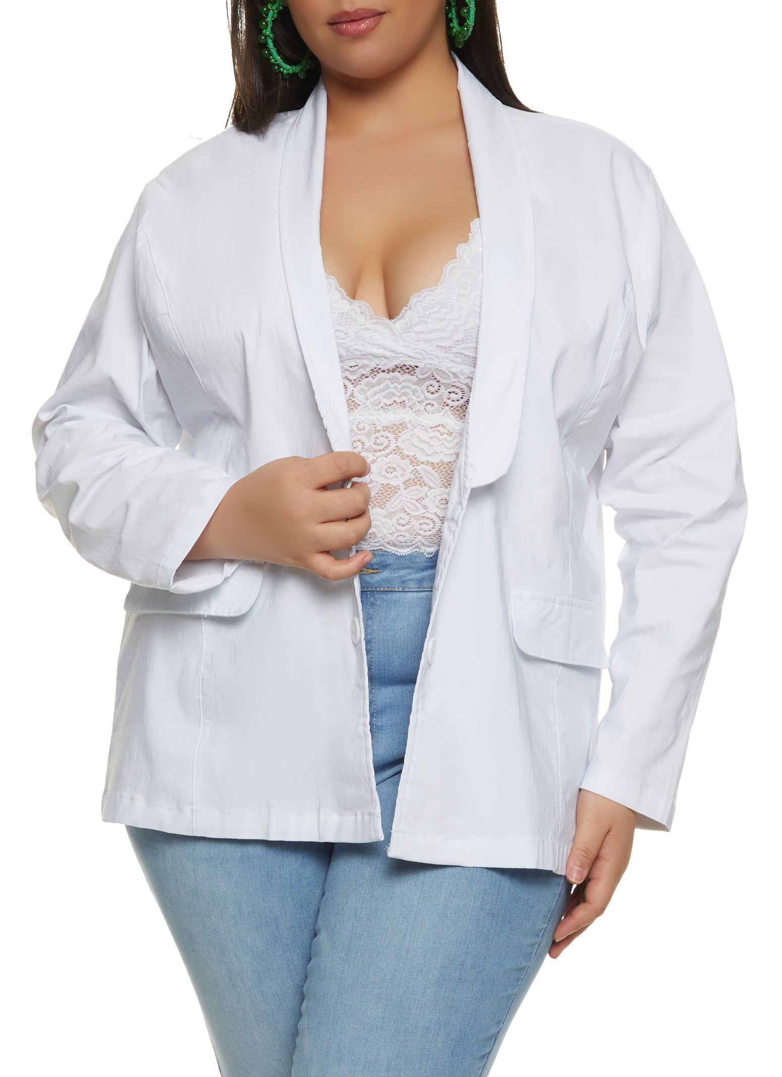 Plus Size Button Detail Open Front Blazer sold by Rainbow