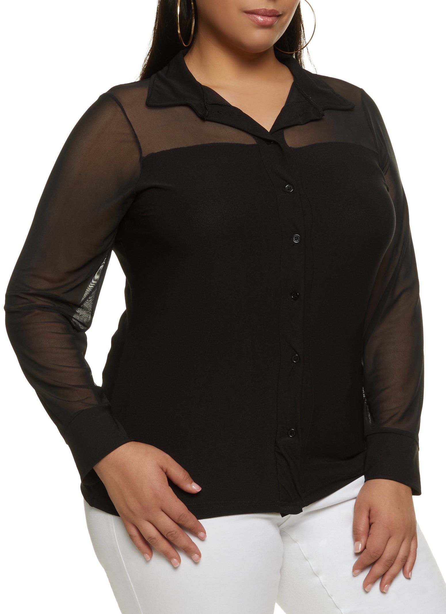 Plus Size Button Front Mesh Sleeve Shirt sold by Rainbow