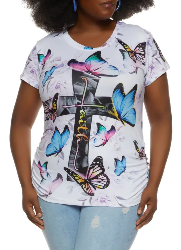 Plus Size Butterfly Print Faith Graphic Tee sold by Rainbow