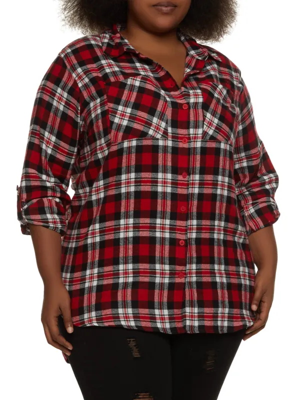 Plus Size Plaid Tabbed Sleeve Flannel Shirt sold by Rainbow