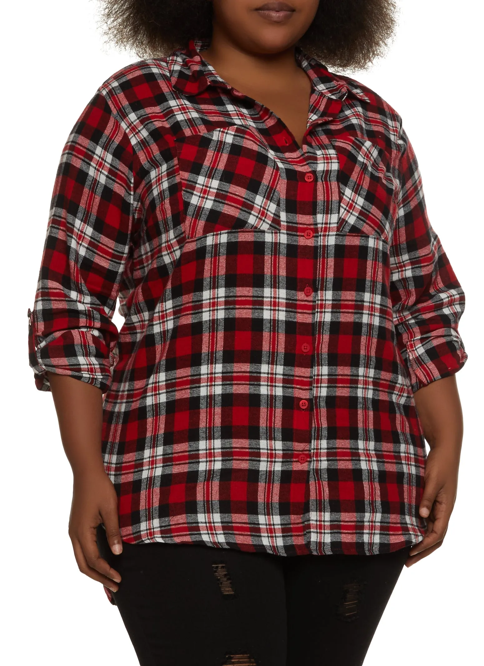 Plus Size Plaid Tabbed Sleeve Flannel Shirt sold by Rainbow