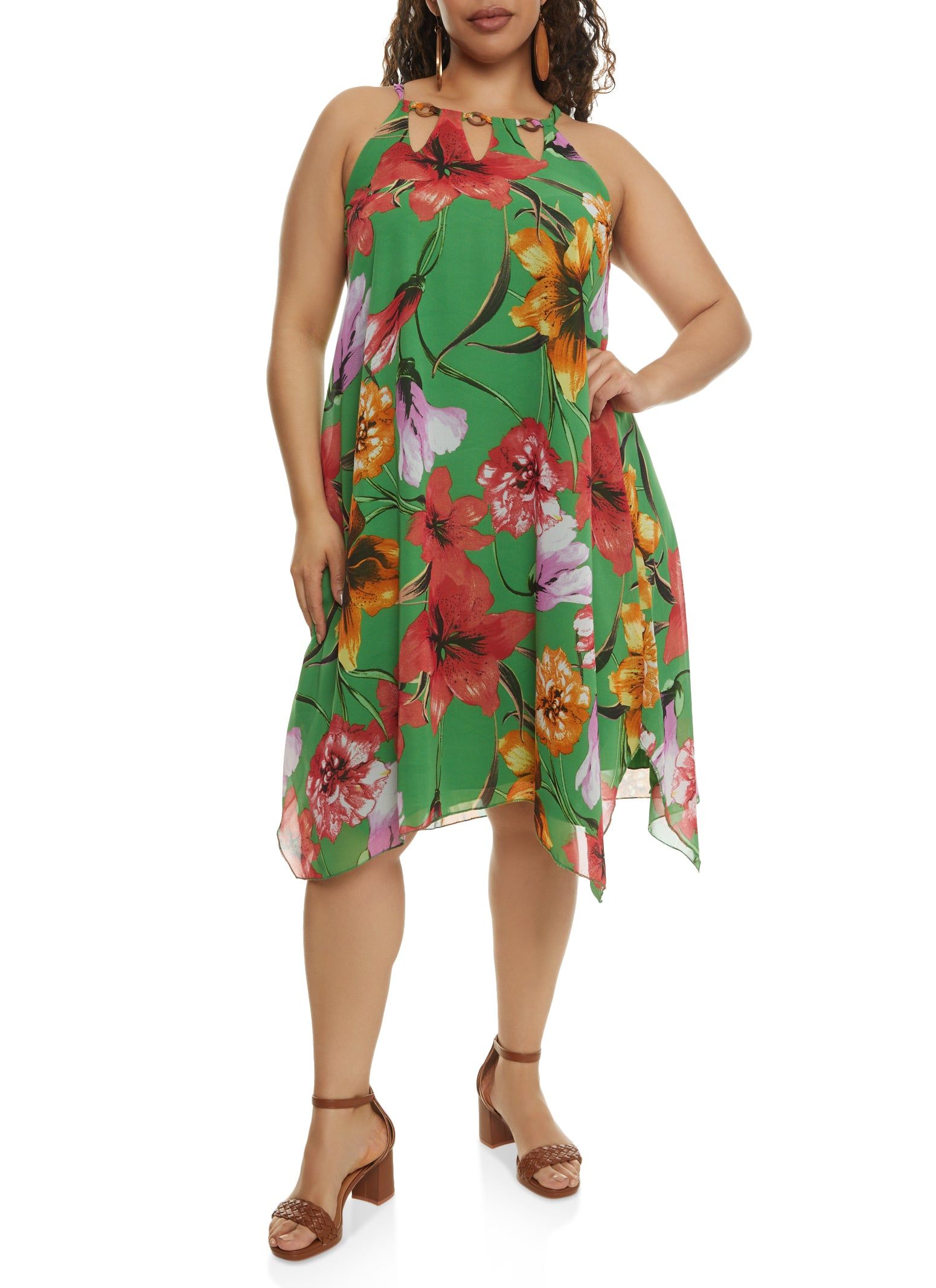 Plus Size Floral Beaded Neck Handkerchief Dress sold by Rainbow