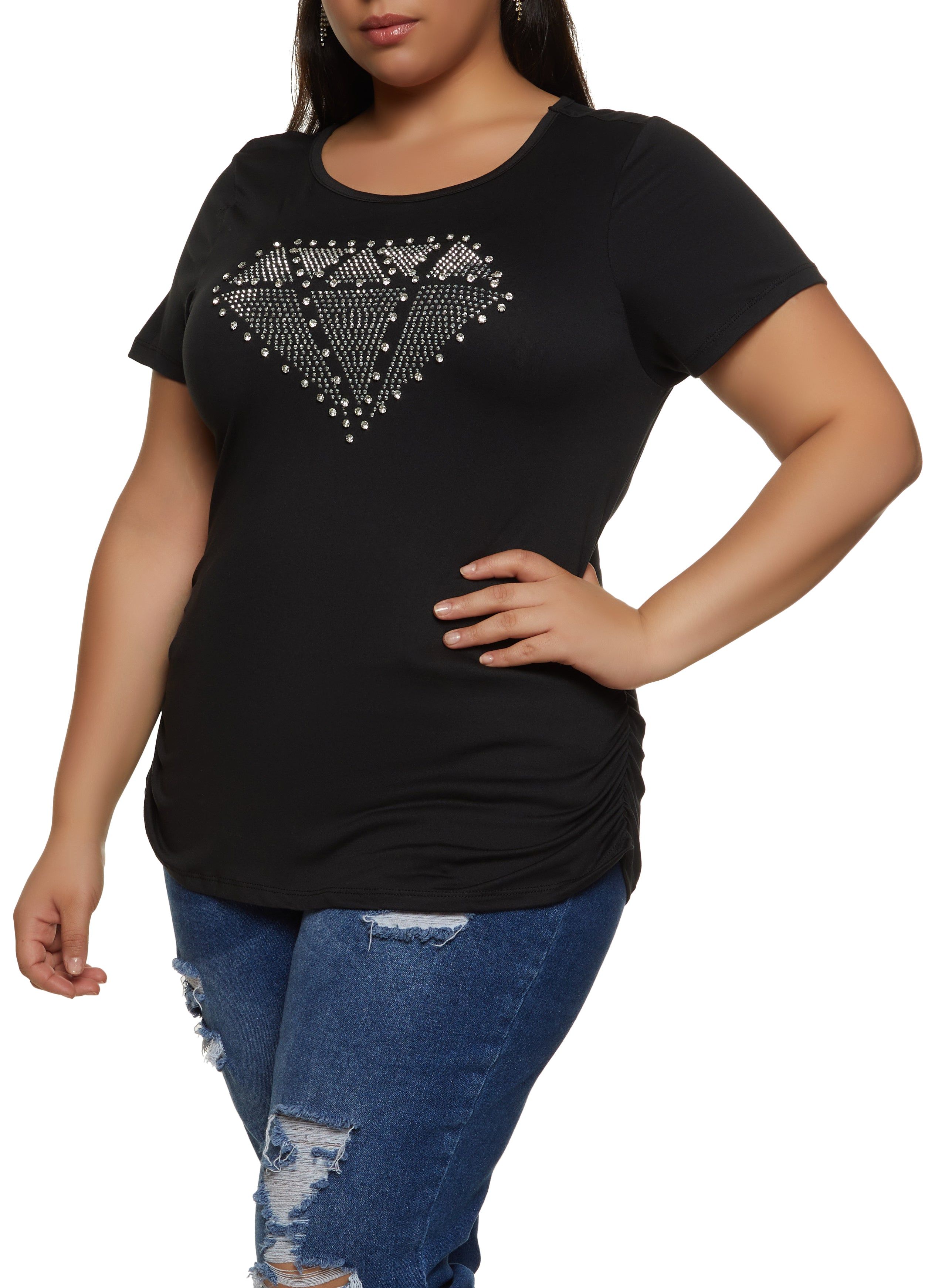 Plus Size Rhinestone Studded Diamond Graphic Tee sold by Rainbow