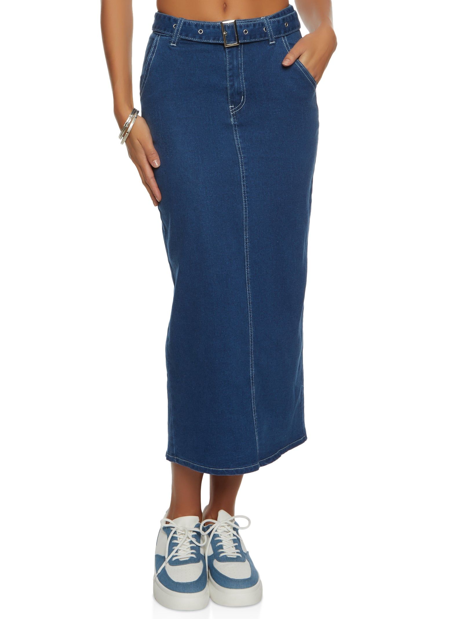 Belted Denim Maxi Skirt sold by Rainbow