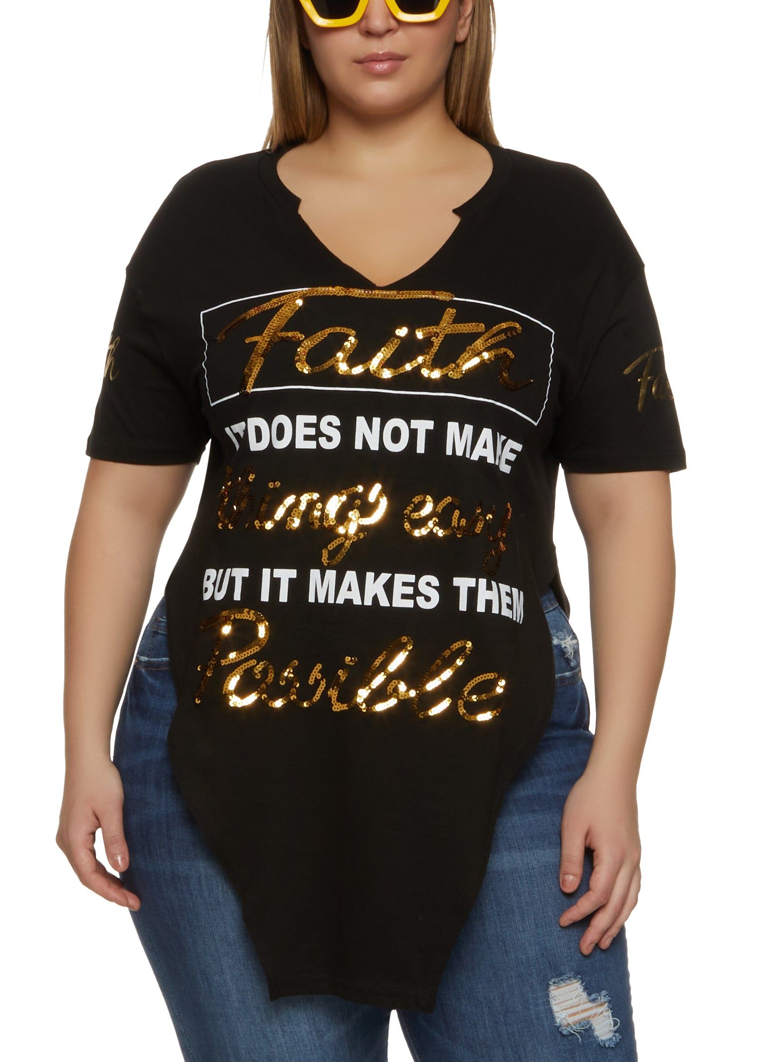 Plus Size Sequin Faith Hanky Hem Graphic Tee sold by Rainbow