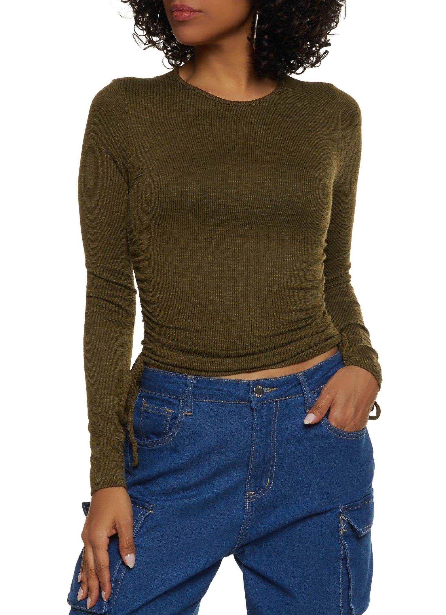 Rib Knit Drawstring Long Sleeve Tee sold by Rainbow