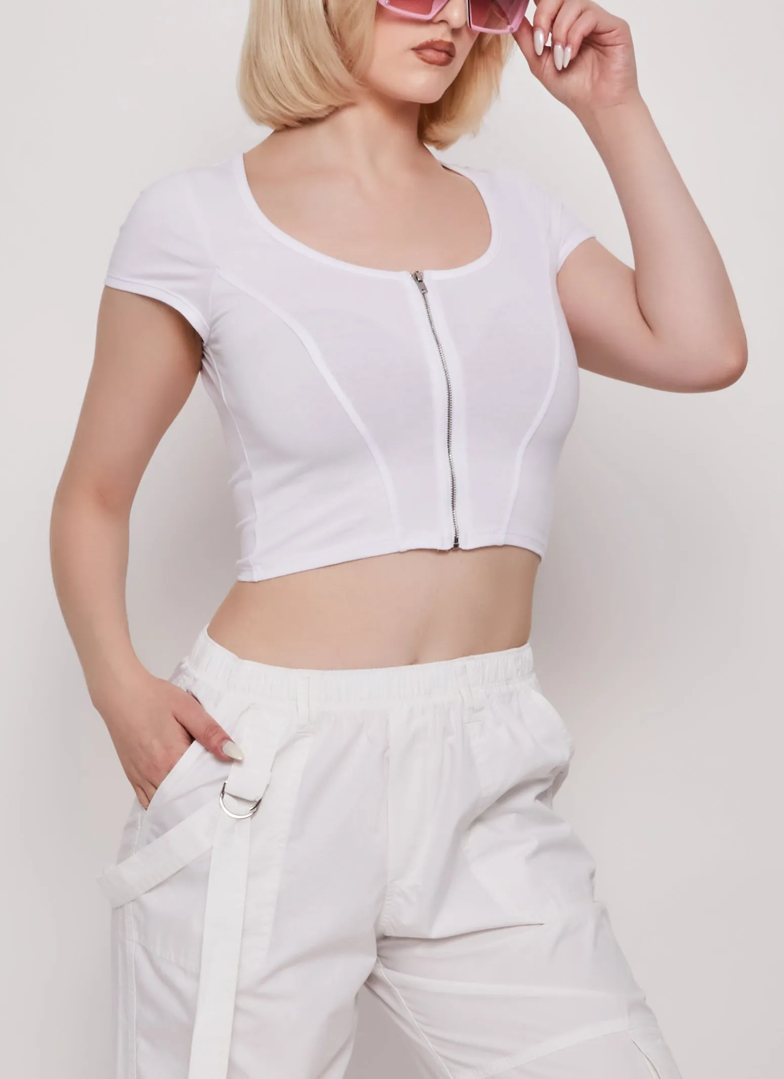 Zip Front Cropped T Shirt sold by Rainbow