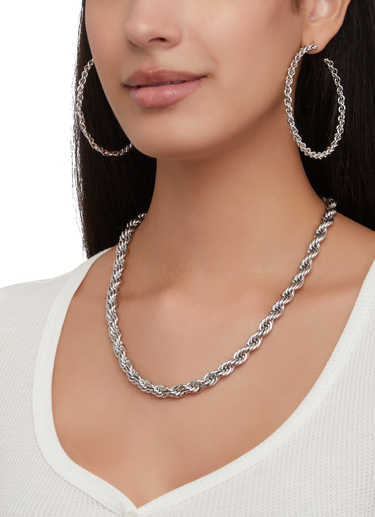 Rope Necklace and Hoop Earrings sold by Rainbow