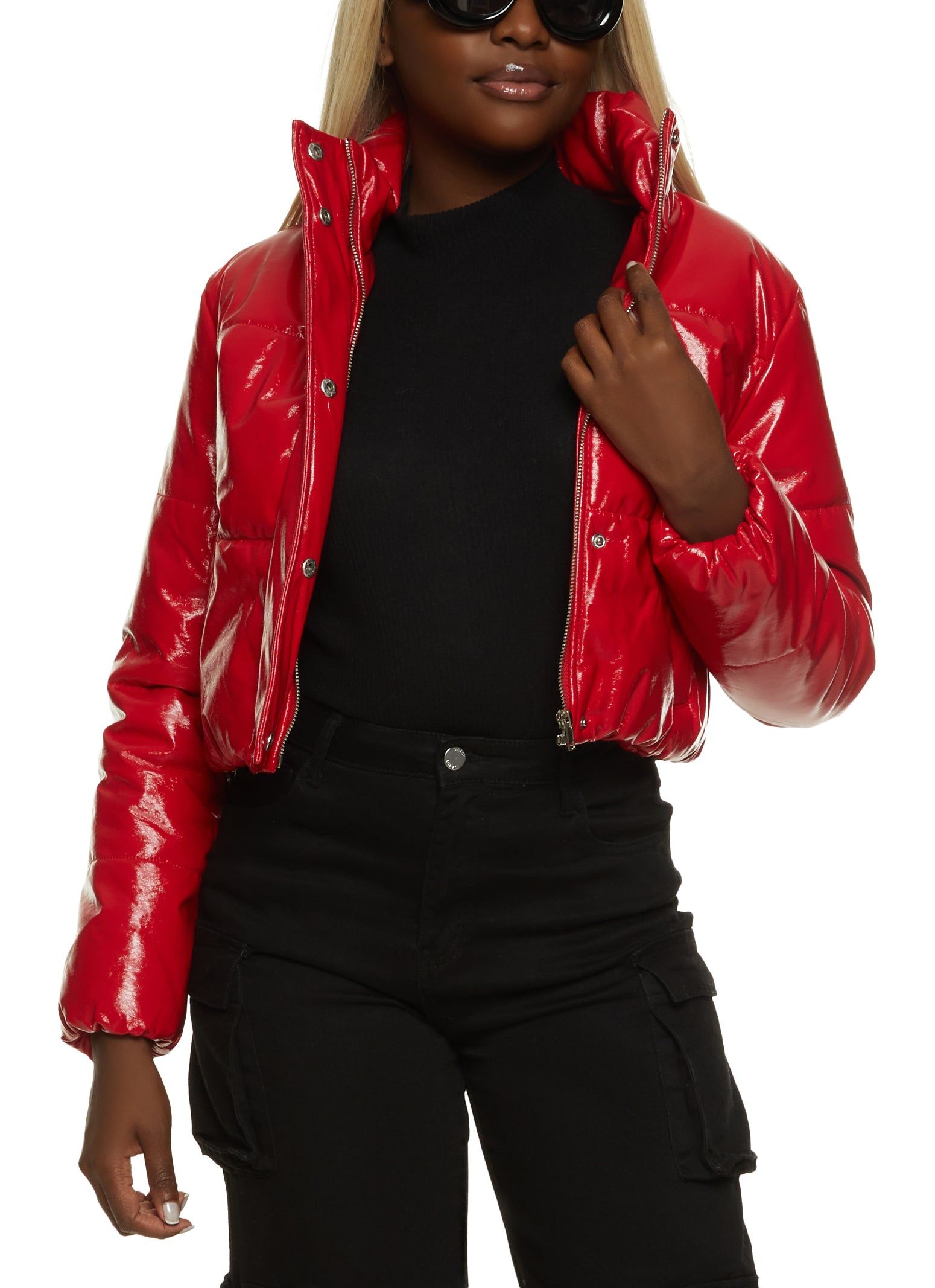 Faux Patent Leather Zip Front Puffer Jacket sold by Rainbow