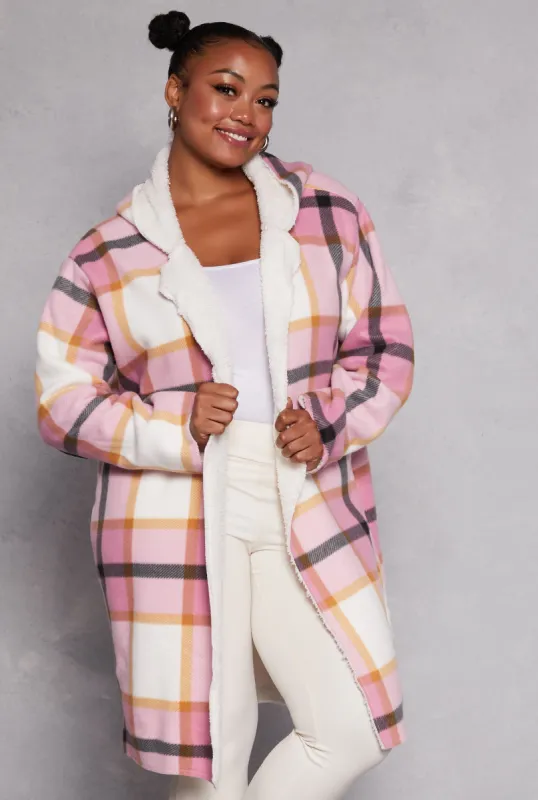 Plus Size Plaid Sherpa Lined Long Hooded Shacket sold by Rainbow