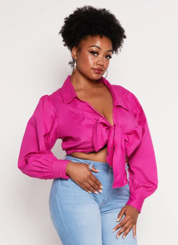 Plus Size Collared Tie Front Crop Top sold by Rainbow
