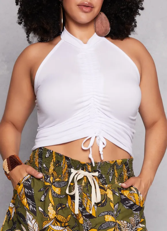 Plus Size Ruched Drawstring Halter Top sold by Rainbow
