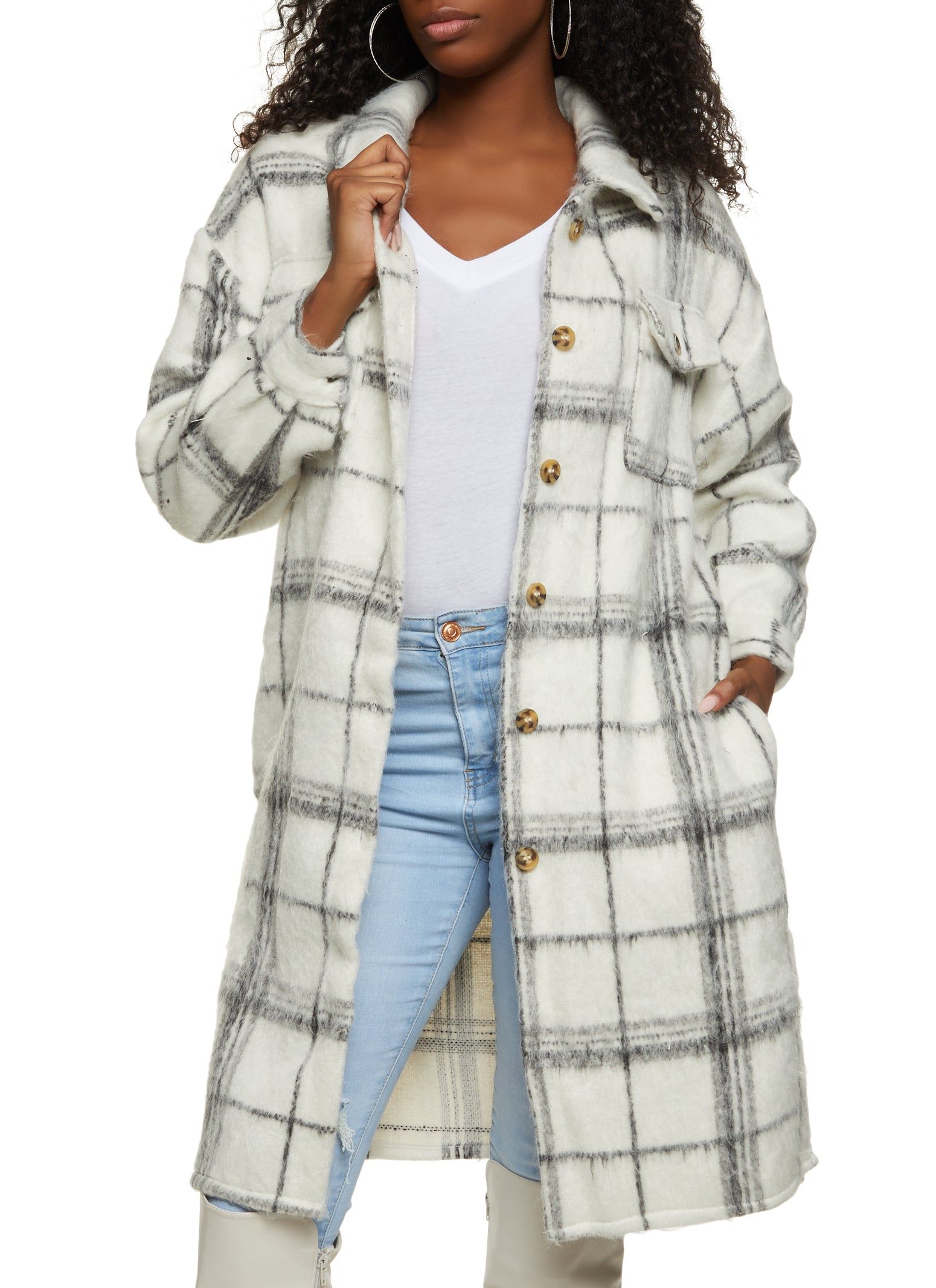Plaid Brushed Knit Long Shacket sold by Rainbow