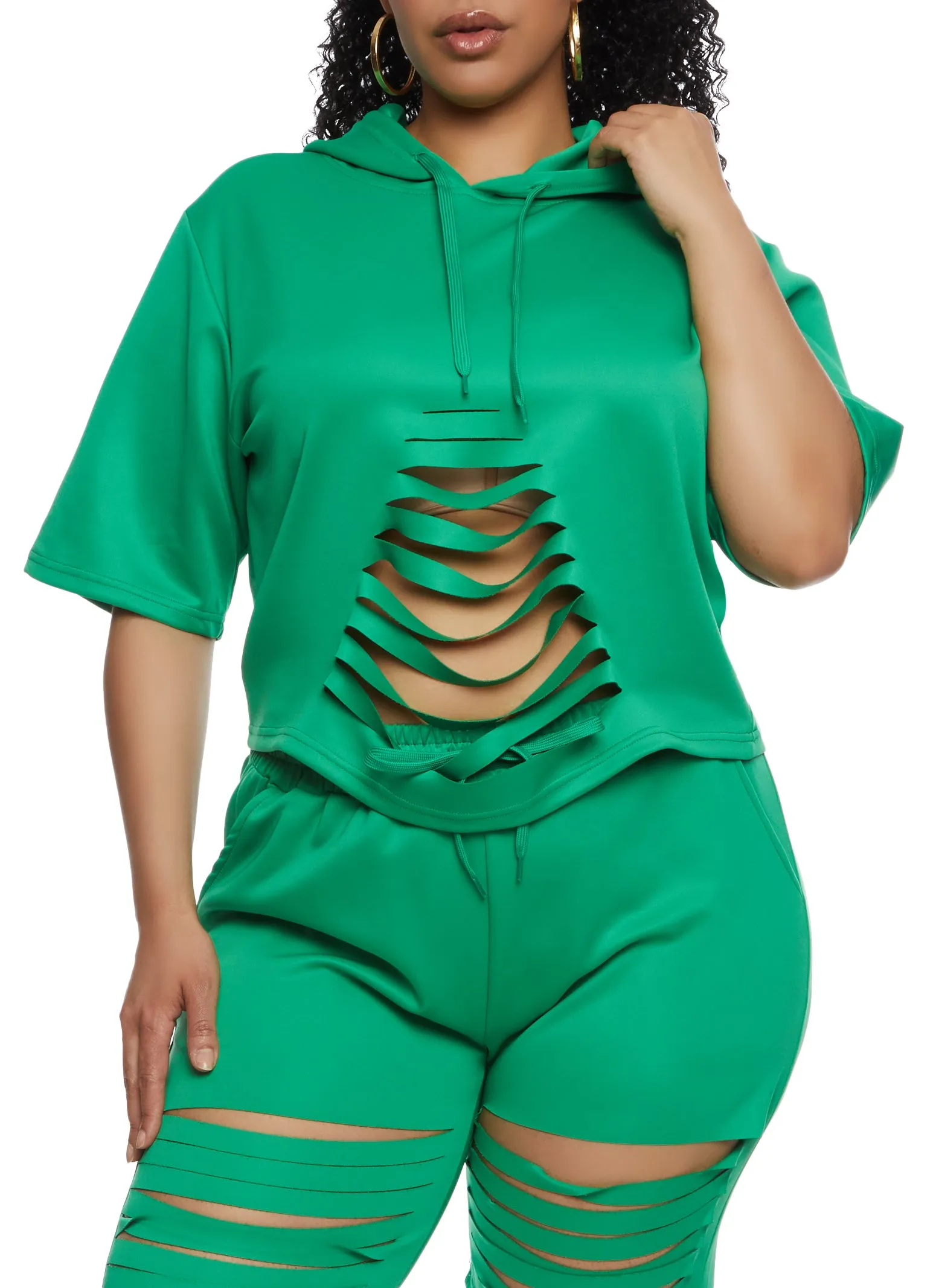 Plus Size Laser Cut Short Sleeve Hooded Top sold by Rainbow product image thumbnail 2