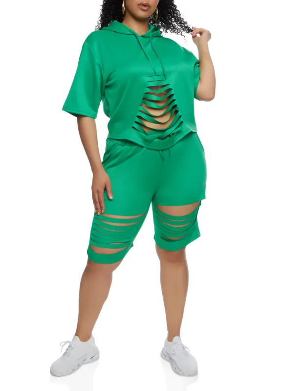 Plus Size Laser Cut Short Sleeve Hooded Top sold by Rainbow