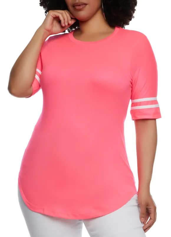 Plus Size Varsity Striped Sleeve T Shirt sold by Rainbow