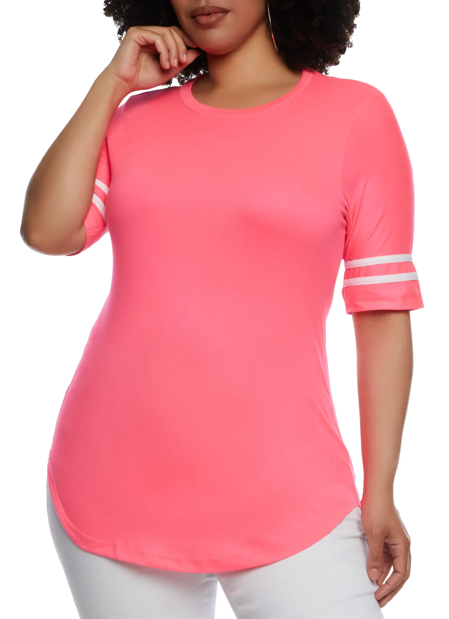 Plus Size Varsity Striped Sleeve T Shirt sold by Rainbow