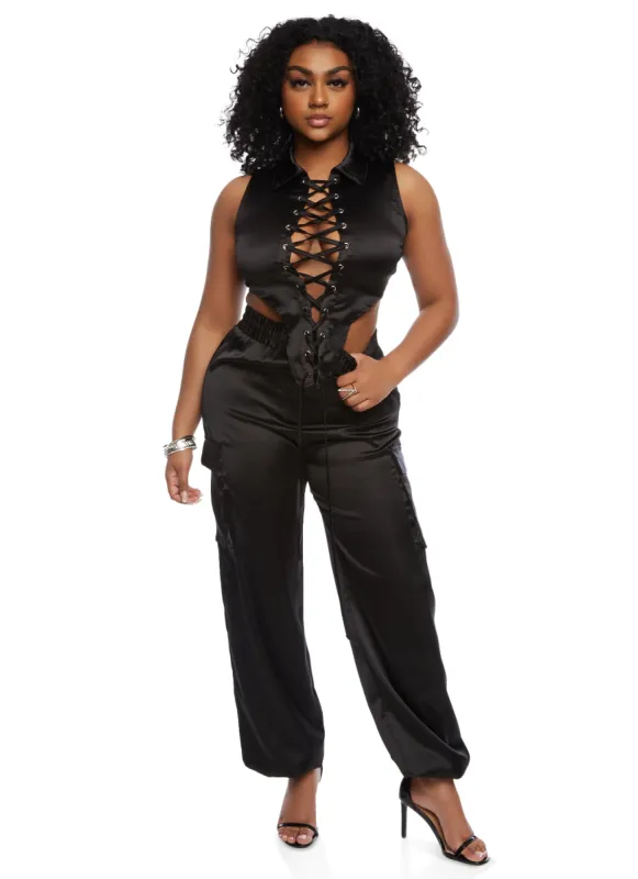 Satin High Waist Cargo Pocket Tapered Pants sold by Rainbow