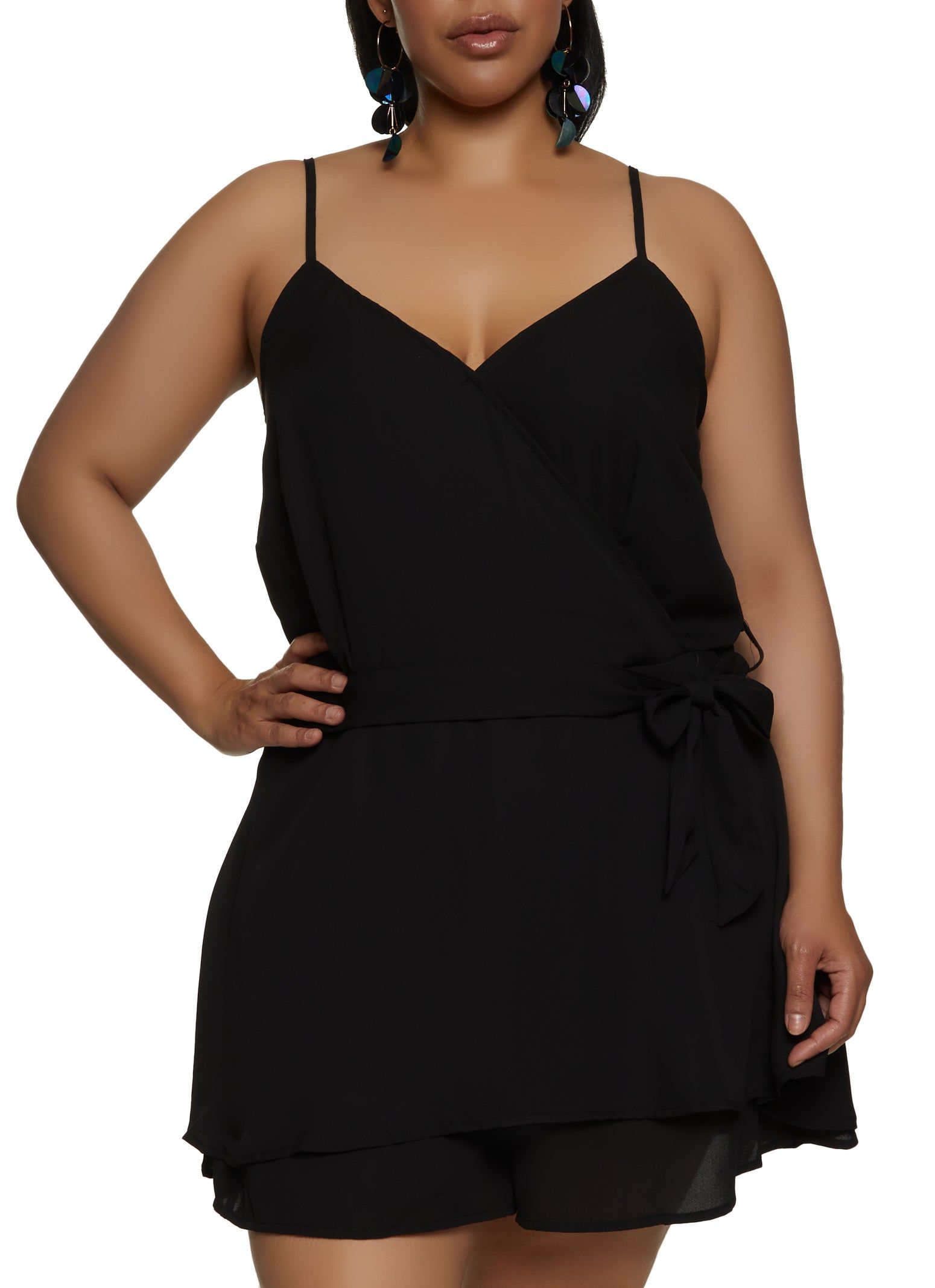 Plus Size Solid Tie Waist Faux Wrap Romper sold by Rainbow