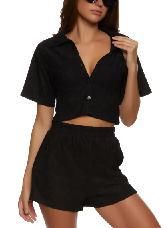 Textured Knit Cropped Button Front Shirt sold by Rainbow