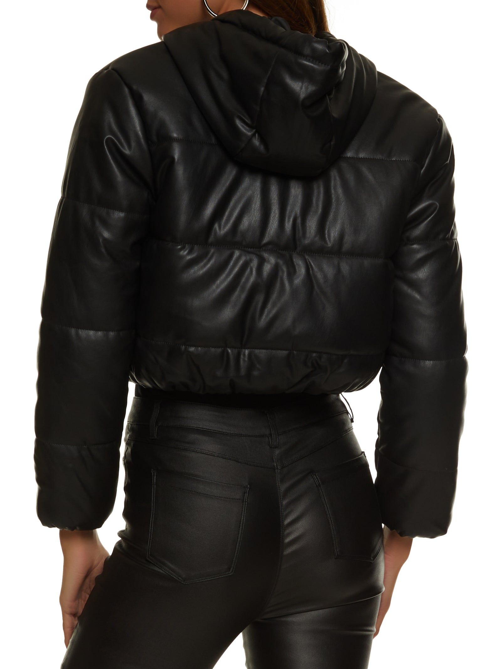 Faux Leather Hooded Drawstring Hem Puffer Jacket sold by Rainbow product image thumbnail 3