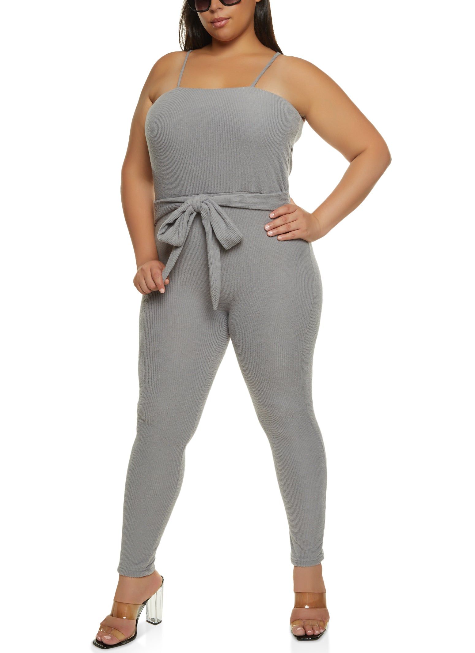 Plus Size Brushed Ribbed Knit Tie Waist Jumpsuit sold by Rainbow
